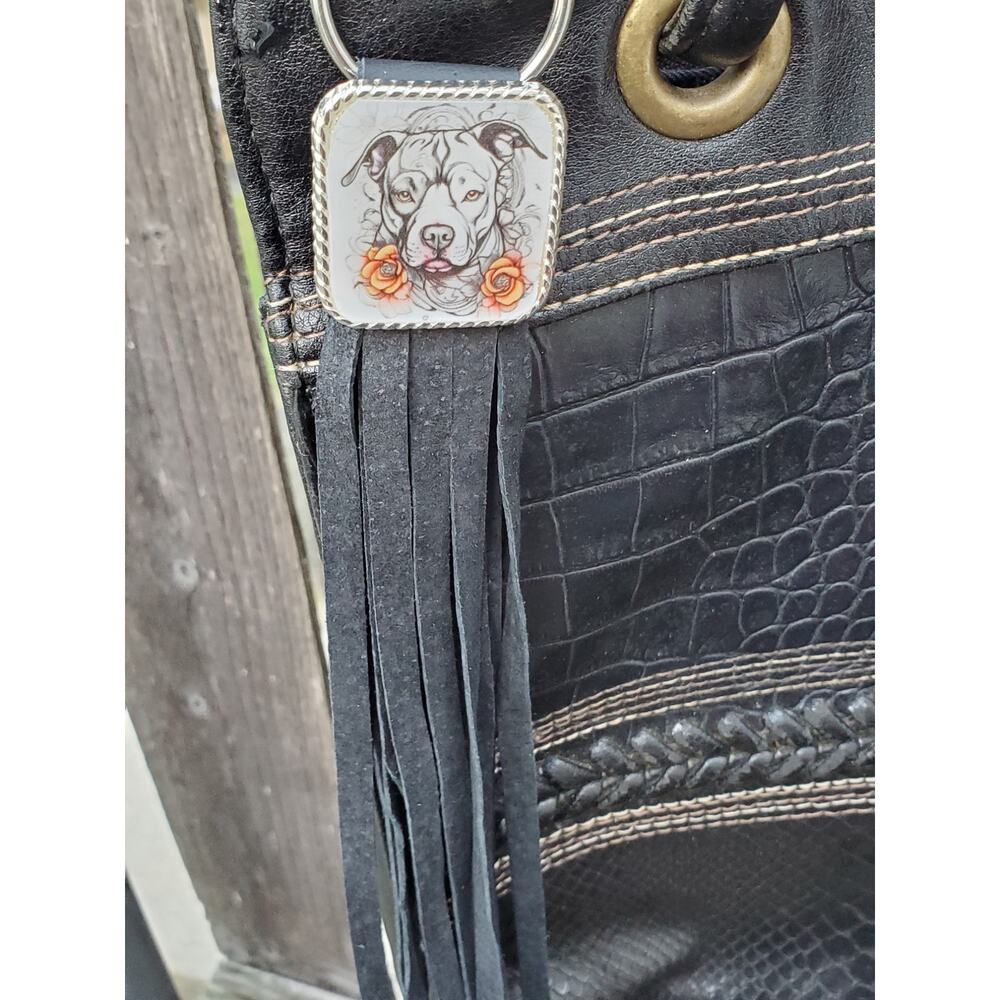 Handmade boho Pitbull lover Leather Fringe Western bag charm Long keychain